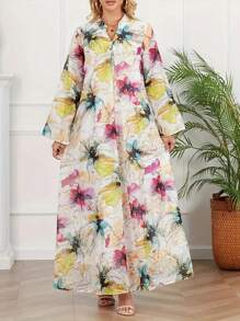 Arab-Style Floral Print Women's Long Robe Bohemian Casual Robe Kaftan, Modest - Multicolor - View 1