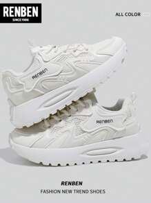 RENBEN New INS Korean Style Women's Chunky Sneakers, Student Running Athletic Thick Sole Casual Streetwear Lace-Up Solid Color - Beige - View 7