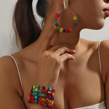 2 peças/conjunto Boho Handmade Beaded Multi Layer Pulseira Brincos Conjunto, Conjunto de Jóias Elegantes
