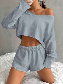 2pcs Women Casual Cotton Crop Top And Short Set, Acid Wash Vintage Distressed Knit Look, Edgy Sexy, Oversized Sweatshirt For Music Festivals, Dystopian Style, Party