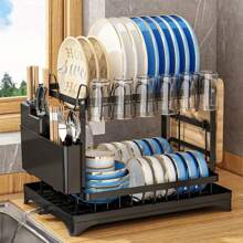 2-poziomowa duża suszarka do naczyń ze stali nierdzewnej z ociekaczem do blatu kuchennego - mieści talerze, noże, kubki i deski do krojenia, czarna, oszczędzająca miejsce konstrukcja do małych kuchni, organizer na blat kuchenny | Nowoczesne akcesoria kuchenne | Uchwyt o dużej pojemności, suszarka do naczyń do blatu kuchennego