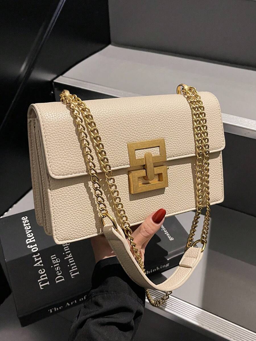 Fashionable New Square Solid Color Versatile Chain Women Handbag - Beige - View 1