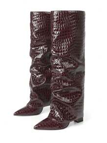 Knee High Fold Over Shark Boots For Women Slouchy Pointed Toe Block Thick High Heels Pull On Fashion Punk Pleated Boots Woman - Red Stone Grain - View 6