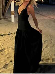 女士褶皱V领无袖系腰休闲黑色中长连衣裙，纯色优雅梭织面料，适合夏季派对穿着 - 黑色 - 查看 5