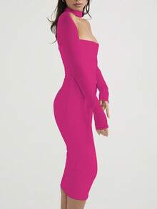 Double Layer Long Sleeve Mesh Fitted Maxi Dress, Women's Party Gown, Cocktail Dress - Rose Red - View 5