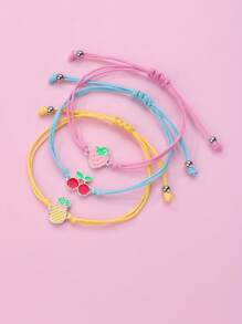 3 件套女孩草莓、樱桃、菠萝元素设计锌合金彩色蜡绳编织手链首饰套装，适合日常佩戴 - 彩色 - 查看 4