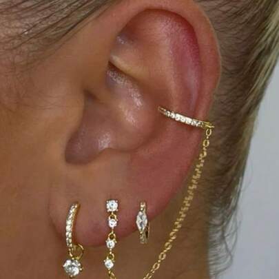 3pcs/Set Delicate Cubic Zirconia Chain Ear Studs Clip-On Earrings, Women Formal Party Jewelry (Quantity Fits One Ear)