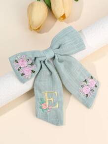 1pc Light Blue Linen Bow Hair Clip, Floral Letter Embroidered Hair Pin, Adjustable Bohemian Style Hair Accessory, Suitable For Spring Birthday And Daily Wear, Exquisite Embossed Plant Letter Pattern Hair Clip - Multicolor - View 3