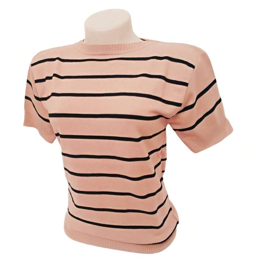 Striped Modal Blouse Short Sleeve Old Money Style Women's Fashion Spring Summer - 新款米色配黑色 - 查看 1