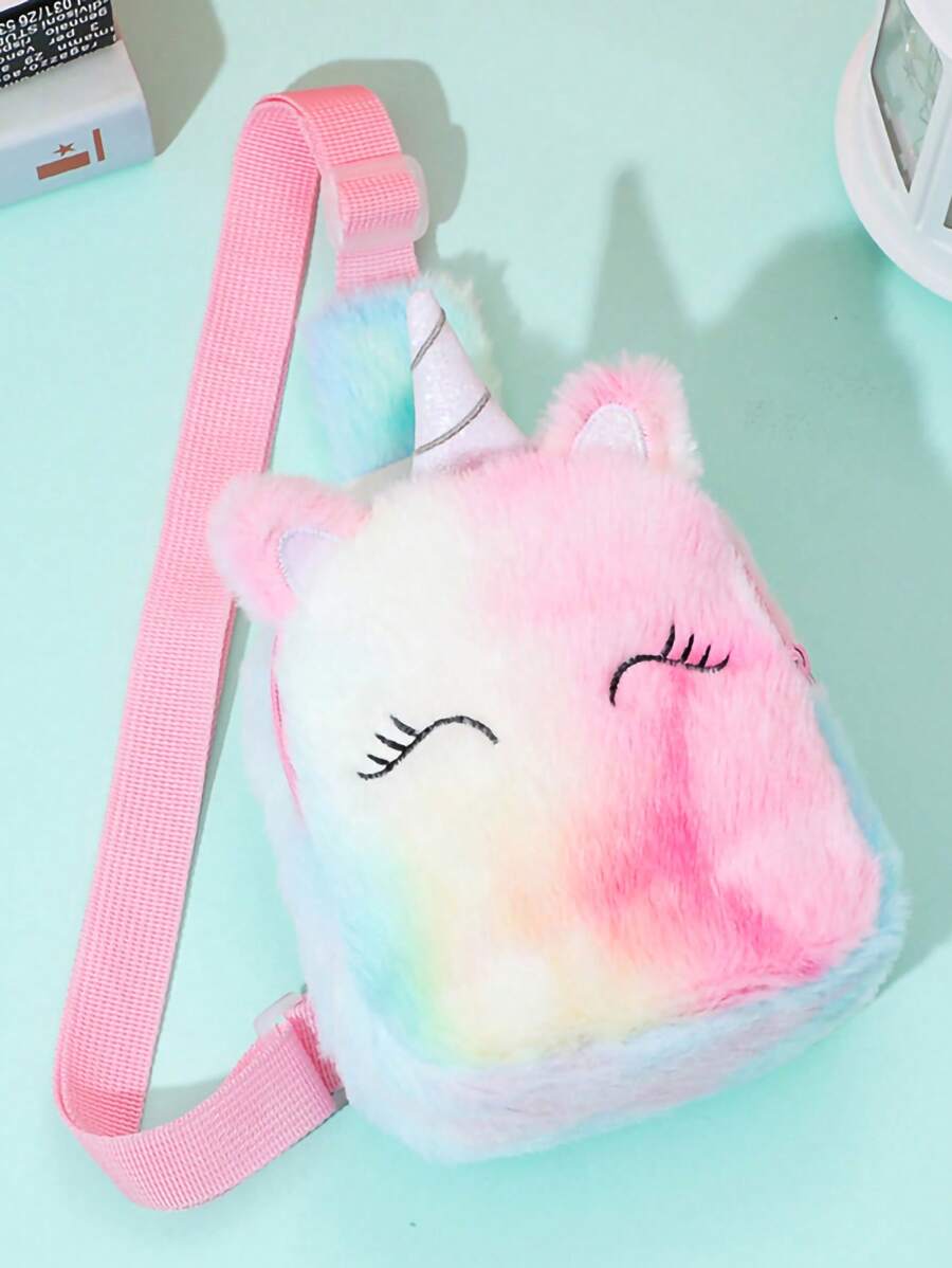 1 Pc Warm Winter Cartoon Unicorn Children'S Chest Bag, Cute Shoulder Crossbody Bag For Girls, Colorful Plush Feel Storage Bag - Multicolor - View 1