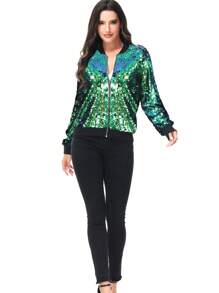 Womens Sequin Long Sleeve Front Zip Jacket With Ribbed Cuffs - Mermaid - View 5