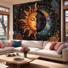 1pc Bohemian Sun And Moon Face Print Tapestry, Modern Polyester Square Wall Hanging Decor For Room, Living Room, Bedroom - Multicolor - View 6