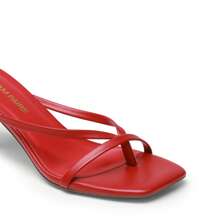 Women Comfortable Kitten Low Heel Thong Heeled Sandals Fashion Square Open Toe Comfort Shoes For Party Casual Slides - 紅色 - 查看 7