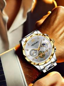 1 pieza Reloj de pulsera de cuarzo para hombres con correa de acero inoxidable, diseño de fase lunar, elegante y