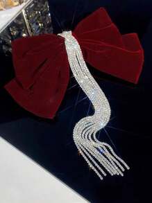 1pc Oversized Sparkling Rhinestone Tassel Velvet Bow Hair Clip, Elegant Top Clip Hairpin, Suitable For Half-Up Hairstyle, High Ponytail, Party, Wedding, Valentine's Day, Birthday - Ideal Gift