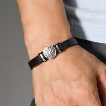 1pc Fashionable Titanium Steel Handmade Men's Stainless Steel Tree Of Life Leather Bracelet Jewelry - Multicolor - View 4