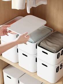1 pieza Caja de almacenamiento de plástico blanco para organizar ropa, ropa interior, calcetines y otros artículos en armario, sala de estar, cocina, oficina, dormitorio, a prueba de polvo y humedad (tapa incluida, sin pegatinas)