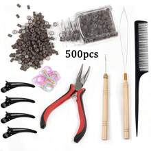 Hair Extensions Kit 500 Pcs Black Micro Ring Beads 1 Hair Extension Plier 2 Hook Needle Pulling Loop 4 Plastic Alligator Hair Clips 1 Comb And 1 Bags Mini Rubber Hair Elastic