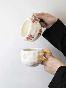 1pc Handmade Ceramic Mug, Asymmetrical Hand-Painted Cute Pattern, Flower Decor Mug, Everyday Drinkware For Office & Home, Suitable For Afternoon Tea, Coffee, Breakfast Oatmeal & Milk, Great Gift For Holidays & Birthdays Back To School