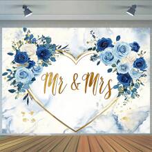 Biểu ngữ nền hoa Gentleman & Lady - Phông nền chụp ảnh Polyester đa năng, thích hợp cho đám cưới, tiệc cô dâu, kỷ niệm, v.v. - Họa tiết hoa xanh và trắng - 1 cái - Xem 4