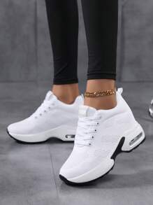 SOSENFER Damen Einfarbige Mesh Sneaker, Schnürplattform Casual atmungsaktive Sportschuhe, Niedrig-Top bequeme Schuhe für Herbst/Winter - Weiss - Übersicht 5