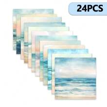 24pcs/Set Retro Beach Wave Theme Scrapbooking Paper, A5 Size, Beach Texture Background, Suitable For DIY Journal, Planner, Craft Paper, Junk Art, Cards, Photo Album, Handwork, Office Supplies, Diary Accessories