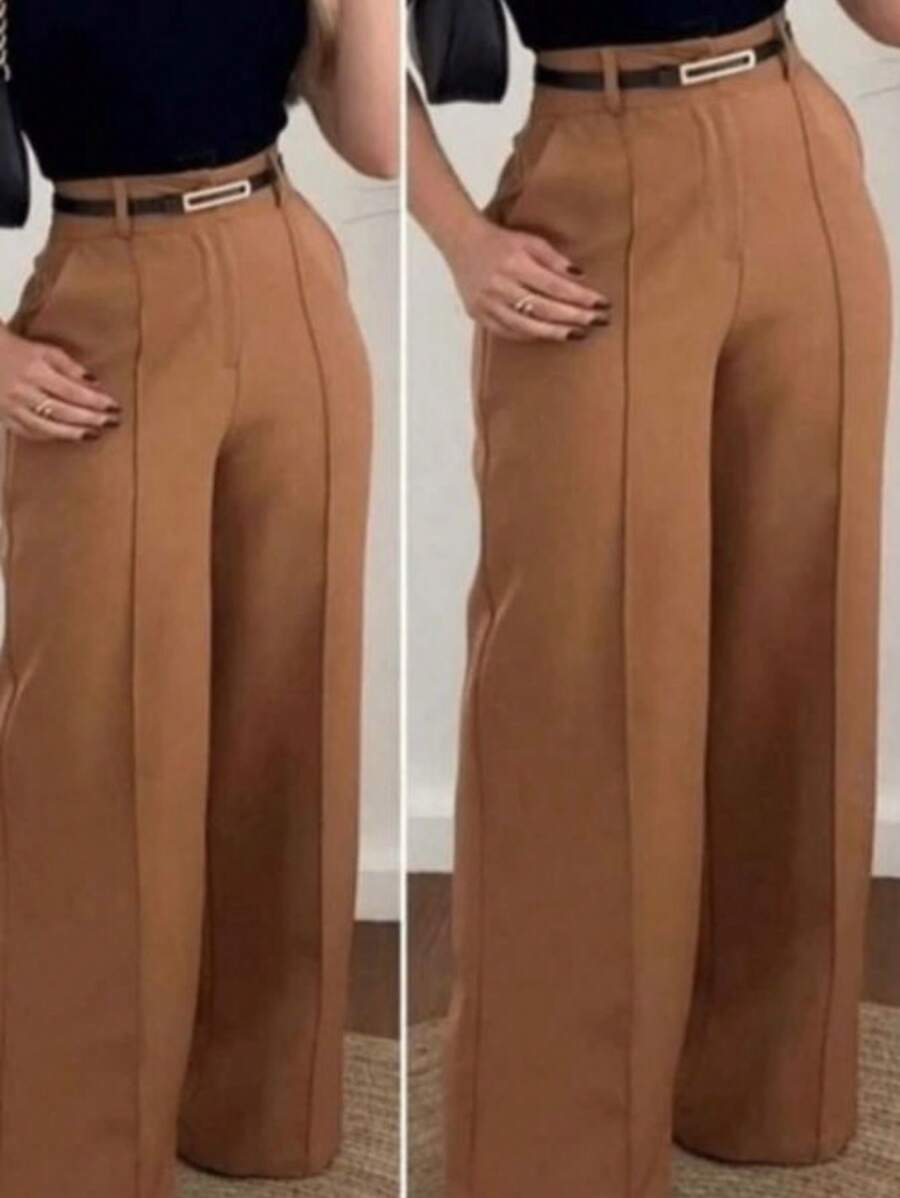 Women's Elegant Tailored Wide Leg Pants With Belt - 鏽棕色 - 查看 1