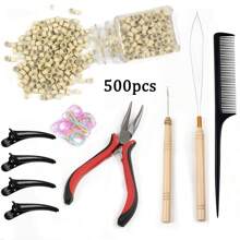 Hair Extensions Kit 500 Pcs Black Micro Ring Beads 1 Hair Extension Plier 2 Hook Needle Pulling Loop 4 Plastic Alligator Hair Clips 1 Comb And 1 Bags Mini Rubber Hair Elastic