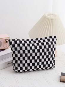 Checkered Knitted Fabric Corduroy Makeup Bag Cosmetic Bag Set For Women Checkered Travel Organizer Bathroom Toiletry Pouch Large Capacity Storage Bag