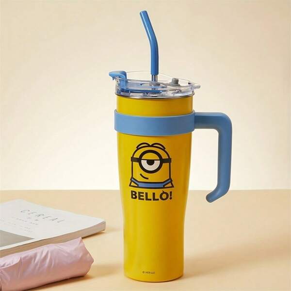 Miniso Vaso de gran capacidad con aislamiento de los Minions, botella de agua portátil, taza de acero inoxidable con asa, tapa y pajita, 1600ml/54.11oz