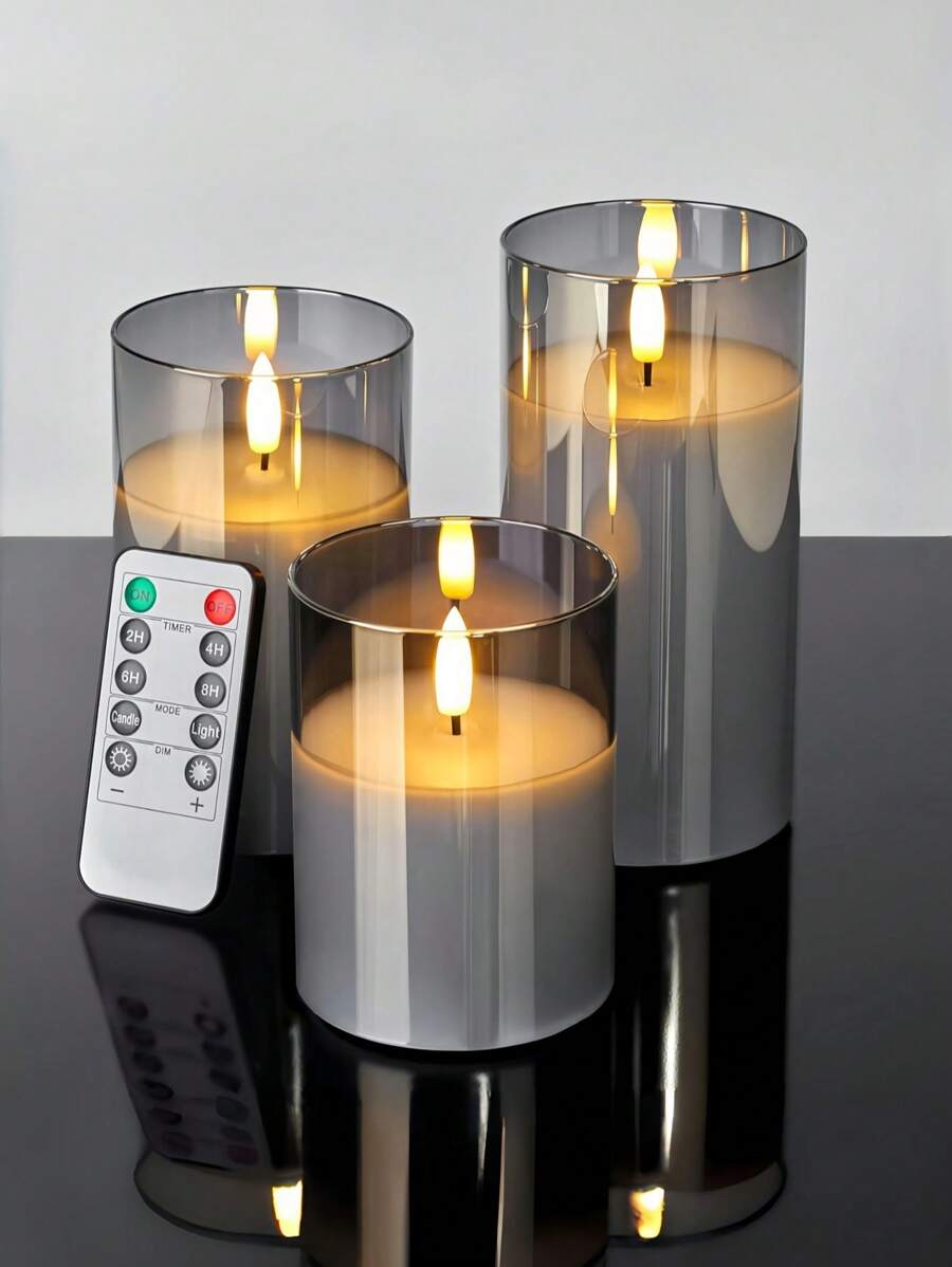 3pcs Grey LED Flameless Candles - Realistic Flickering Effect, Warm White Light, Battery Powered, Safe Decor For Home, Wedding Or Party