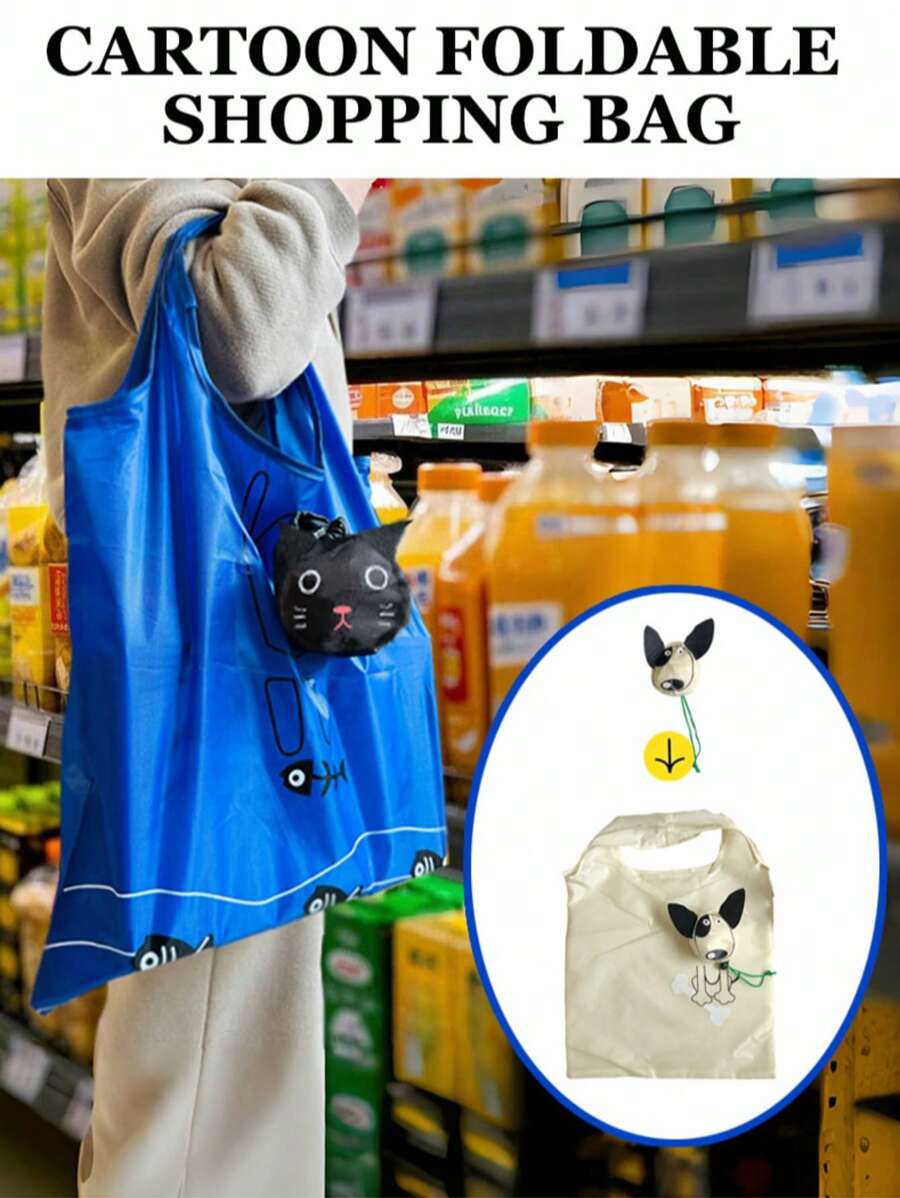 1pc/Cartoon Foldable Shopping Bag/Carry-On Portable Large-Capacity Shoulder Bag/Supermarket Bag/Storage Type Hanging Bag/Lightweight And Large-Capacity Shopping Bag/Can Be Folded Up To Become A Cute Cat Or Dog.