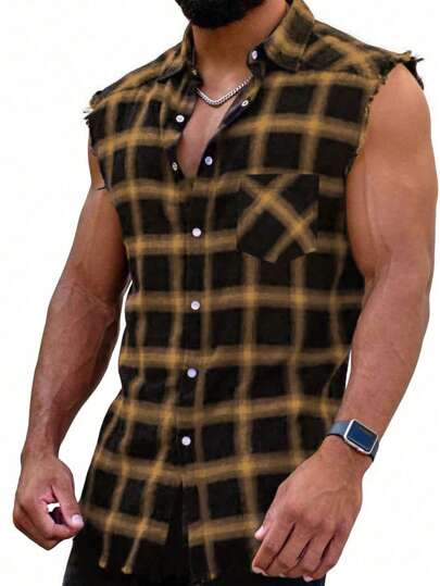 男式前扣口袋无袖格子衬衫