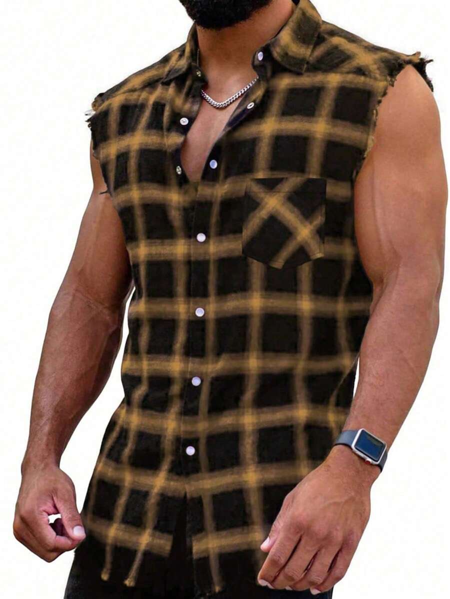 男式前扣口袋无袖格子衬衫 - 黃色 - 查看 1