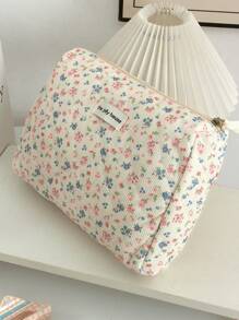 1pc Beige Floral Pattern Makeup Bag, Zipper Style Large Opening, Portable Travel Makeup Bag, Bathroom Wash Bag, Jewelry Storage Bag. Can Store Cosmetics, Lipstick, Jewelry, Sanitary Napkins, Brushes, Pads, Change, Keys, Headphones, This Is A Cute Makeup Bag And Cosmetic Storage Bag Suitable For Women, Girls, Teenagers, And Students. Birthday Gift, Holiday Gift. Summer Bathroom Decor Makeup Organizer Bathroom Accessories Back To School - Beige - View 12