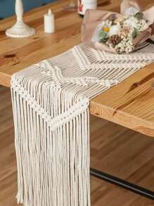 30cm/11.8inch*200cm/78.7inch Handmade Bohemian Macrame Table Runner- Nordic Style Rope Tablecloth For Weddings, Banquets, And Elegant Dining Room House Decor, Birthday, Party Decoration Boho Beige/White Polyester Handwoven Design, Elegant Dining Setting | Rustic Table Accent | Natural Texture Back To School Supplies Thanksgiving Christmas Holiday Essentials Gift