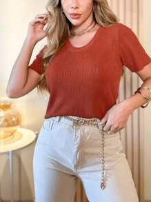 Women's Basic Ribbed Round Neck Blouse - Óxido marrón - Ver 1