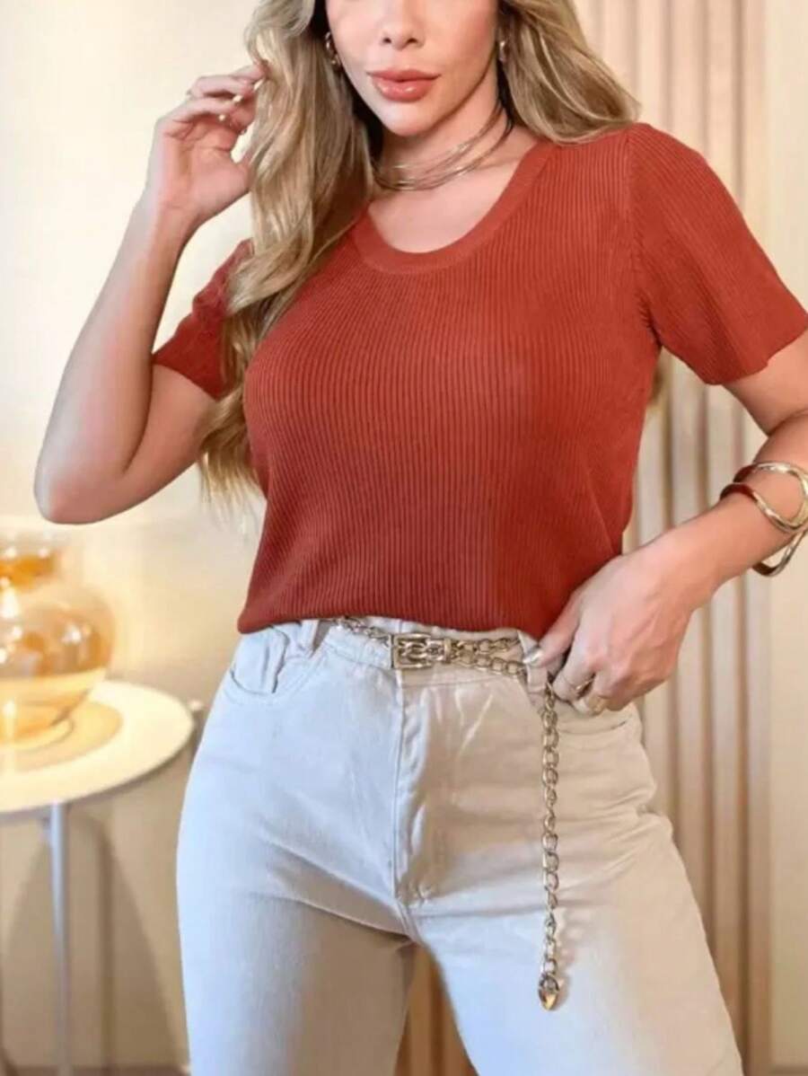 Women's Basic Ribbed Round Neck Blouse - Óxido marrón - Ver 1