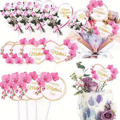 12pcs Mother's Day Happy Cake Toppers, Mom Letter Cake Decorations, Pink, Mother's Day Party Cake Decor