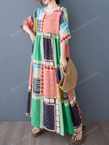 Tops, Women's Plus-Size Casual Elegant Dress, Boho Resort Beach Dress, New Summer 2025 Crew-Neck Short Sleeve Loose Skirt, Random Print