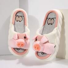Women's Cozy Pig Slippers - Plush Animal Design With Linen Slides - Pink - View 7