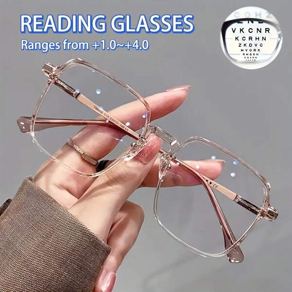 cabecade Large Square Reading Glasses Metal Frame Casual Presbyopic Glasses Computer Readers For Women Men +1.0 To +4.0