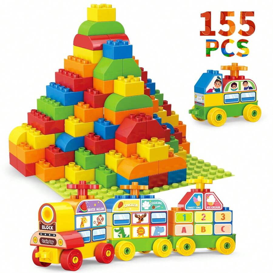 Building Blocks For Toddlers 2-4 Years, Big Classic Building Bricks With A Baseplate,155 Pieces Large Blocks, Compatible With All Major Brands