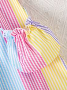 Young Girls Casual Sleeveless Striped Ruffled Hem Beach Dress + Bag - Multicolor - View 4