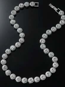 2pcs/Set Classic Round Diamond Splice Street Hip Hop Style Round Diamond Cuban Link Necklace + Bracelet Set, Suitable For Couples Gift And Wear