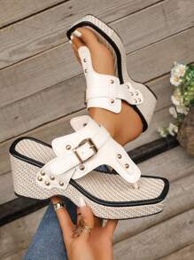 صنادل نسائية لارتداء الصيف ذات فتحة مربعة للأصابع مع حزام وإبزيم، مقاومة للارتداء الخارجي مانعة للانزلاق بريفت على طراز روماني عصري، كاجوال بكعب منصة