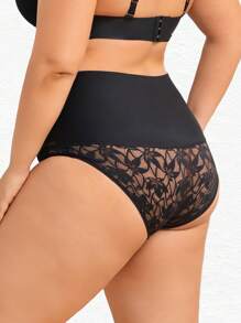 Women High Waist Lace Patchwork Breathable Solid Color Briefs - Black - View 6