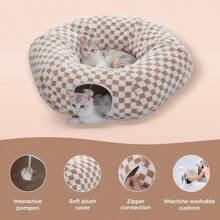 Cat Tunnel With Cat Bed For Indoor Cats, Cat Play Donut Tunnel With Washable Soft Plush Mat, Round Tunnel Toys Cute Tube For Kittens, Puppies, Rabbits And Ferrets, Brown-Ygh