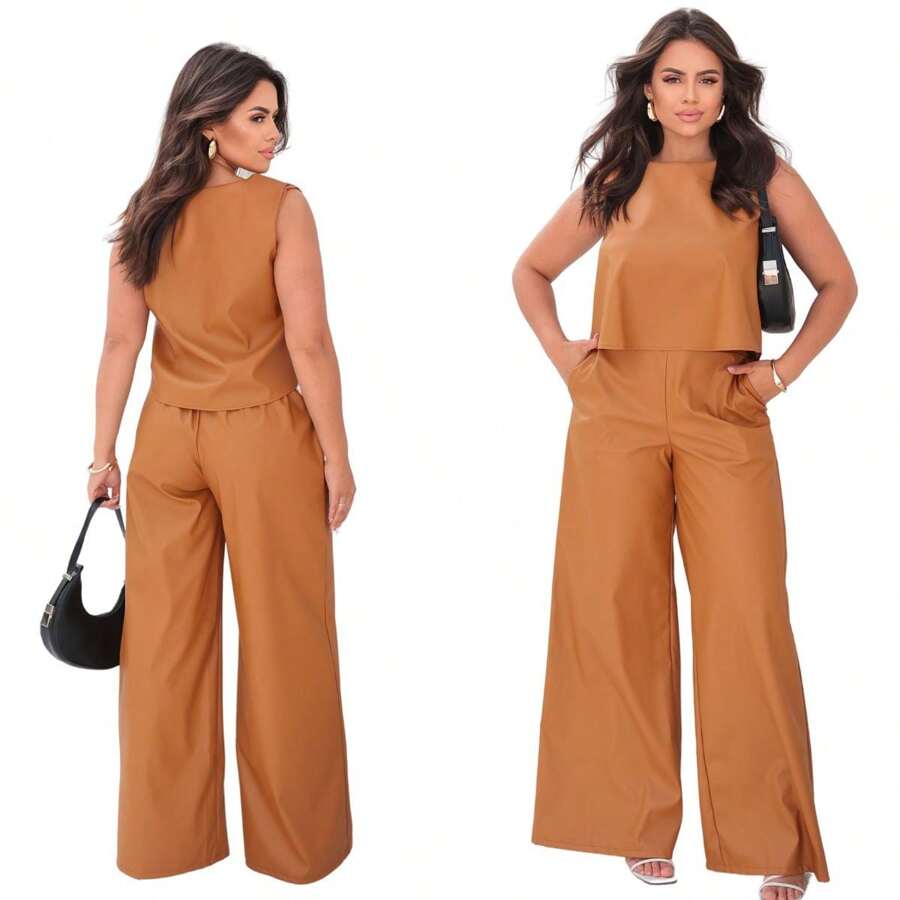 Women's Formal Leatherette Set, Women's Pants And Blouse, Faux Leather - Camel - View 1