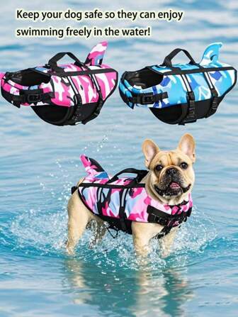 Camo Dog Life Jacket With Shark Fin Adjustable Reflective Pet Floatation Vest With Rescue Handle Life Preserver For Dog Swimming